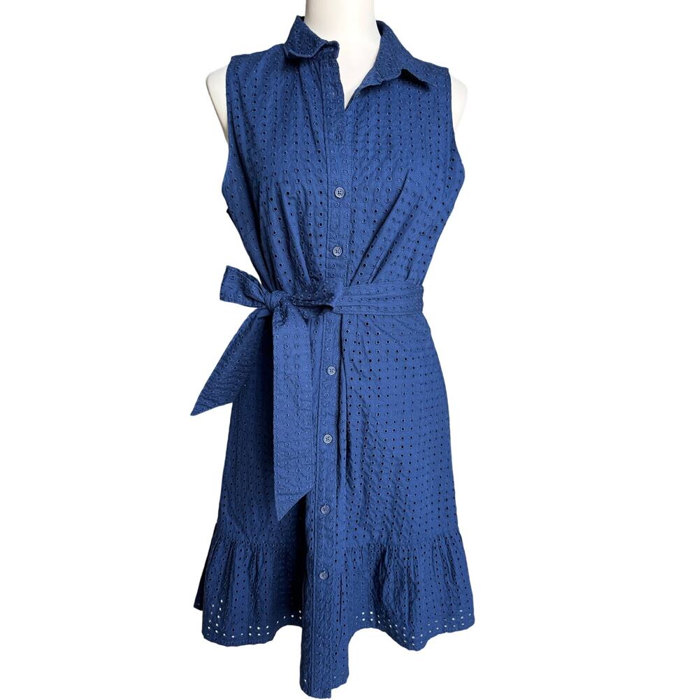 Lands' End Navy Eyelet Cotton Sleeveless Shirt Dress Belted Size 8 - Picture 2 of 10